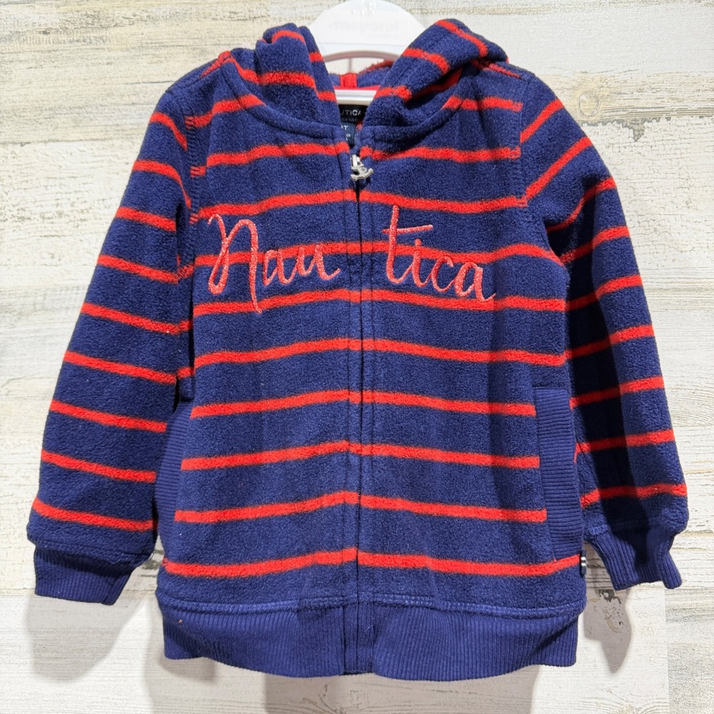 Nautica Fleece Hoodie Jacket Girls 2T Navy Red Striped Nautical Preppy Fall EUC